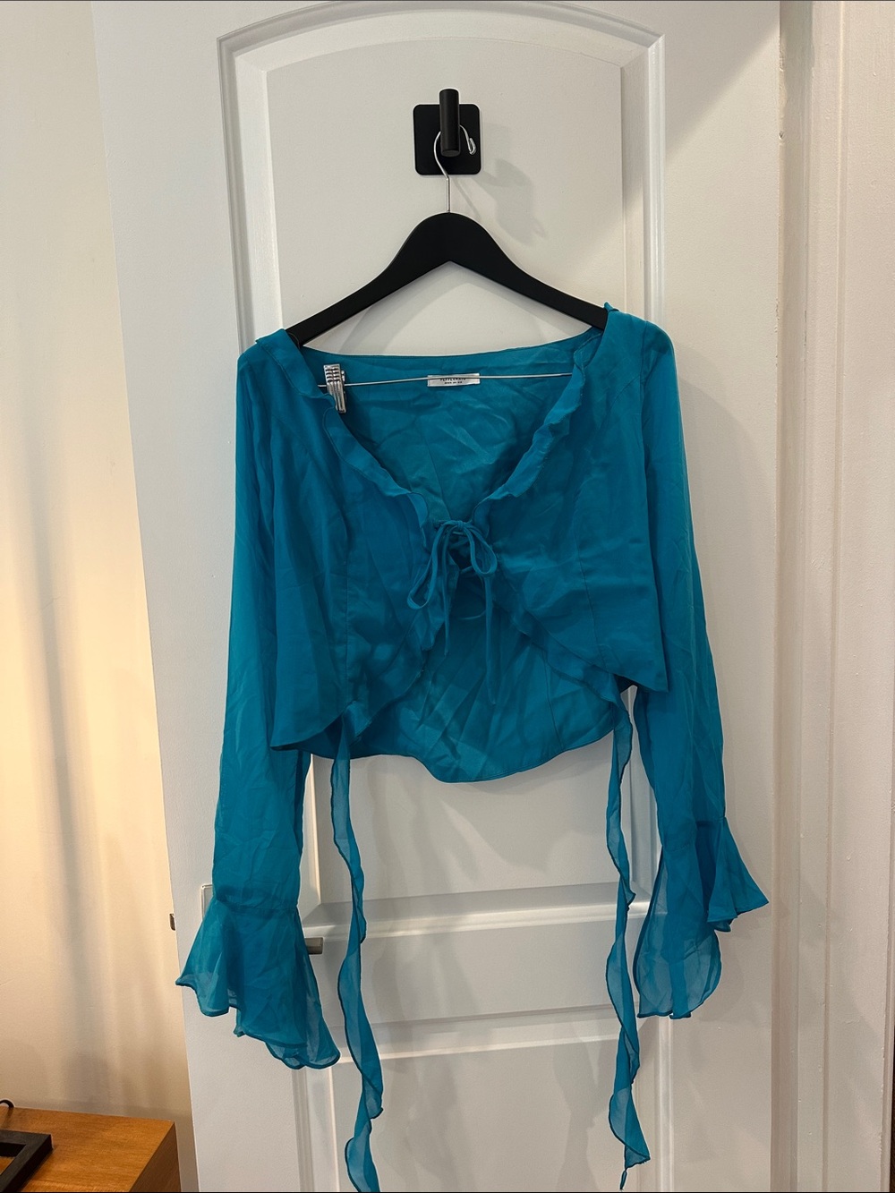 Peppermayo Teal Tie-Front Ruffle Cuff Blouse